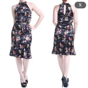 Voodoo Vixen NWT Liana Black Satin Halter Dress |Floral Butterfly Print | Size L